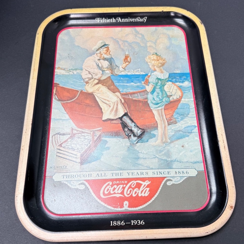 Vintage Coca-Cola 50th Anniversary Sea Captain Tin Tray 1987 N.C. Wyeth